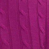 A close-up of an Impulso 1/4 Zip Cable Knit Sweater with Italian virgin wool in a lush purple hue.