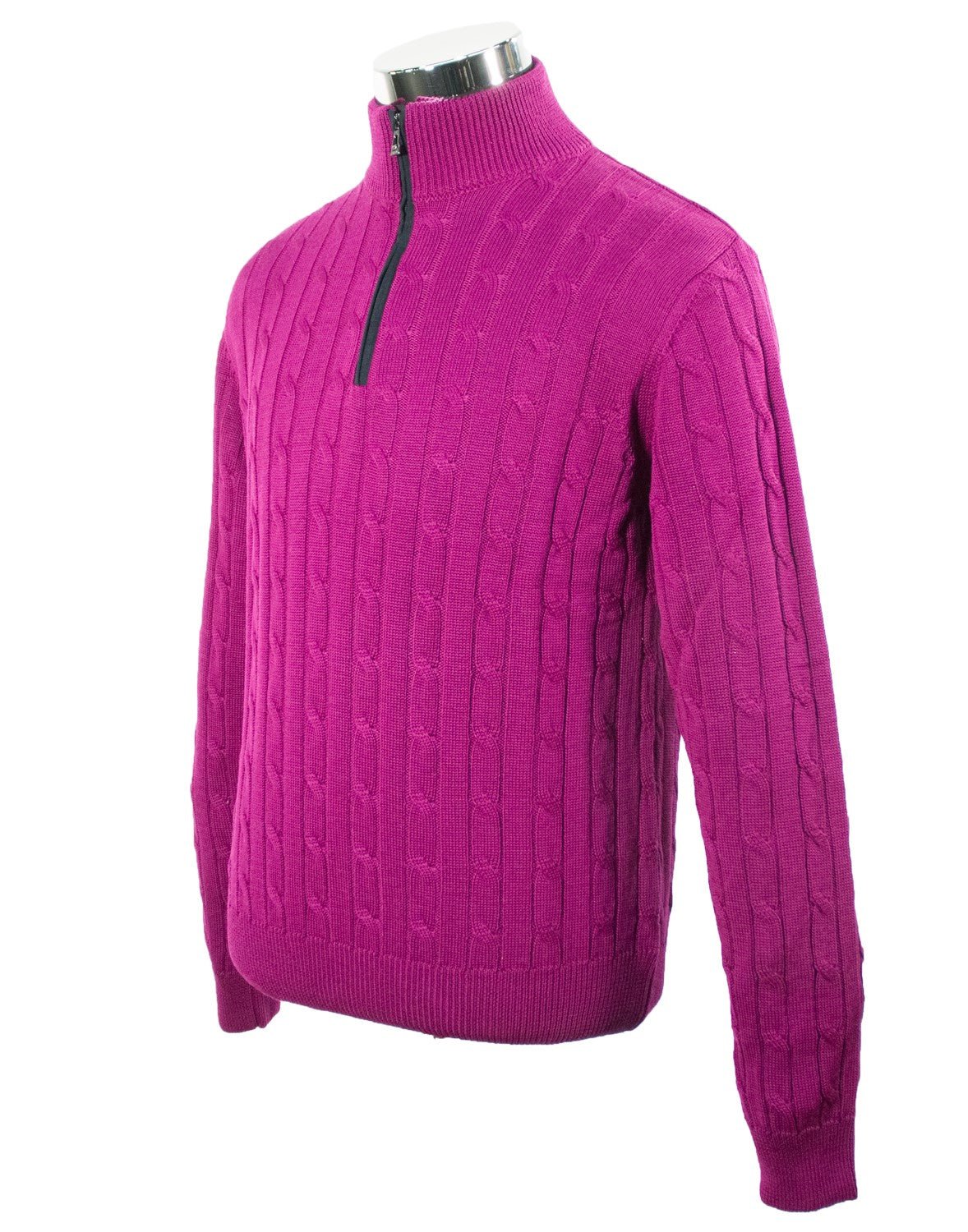 An Impulso 1/4 Zip Cable Knit Sweater with a mock neck on a mannequin.