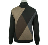 A Montechiaro men's Argyle Mock Neck Sweater in black, brown and grey featuring a multicolored argyle design.