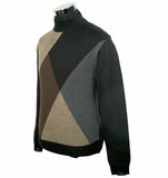 Side view of a Montechiaro men's Argyle Mock Neck Sweater in black, brown and grey featuring a multicolored argyle design.