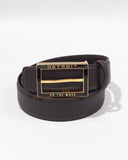 The Alta Moda Belt by ALTA is a dark brown leather belt with a gold buckle, designed as an Italian creation. The buckle is inscribed with the words "Detroit" and "On the Move.