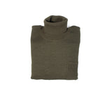 A Turtle Neck Sweater by Fashion International in olive green is neatly folded against a white background.