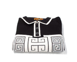 Folded Fashion International Sweater Polo in black and white with geometric patterns and three buttons on a white background.