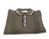 Folded Polo Sweater by Fashion International in olive green knit, featuring vertical textured patterns and a collar with two stripes in white and navy.