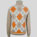 A Lorenzoni Argyle Turtleneck Sweater in an orange and white argyle pattern displayed on a mannequin.