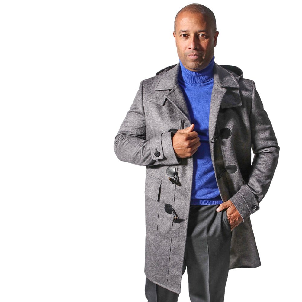 A black man in a Sartore duffel coat made of Italian wool.