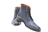 A pair of Mezlan Blue Quilted Leather Boots on a white background, showcasing the latest fashion.