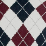 A close up of a Lorenzoni burgundy and white Argyle Turtleneck Sweater.