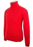 Side angle view of A premium Italian Fashion International red cashmere turtleneck sweater displayed on a mannequin.