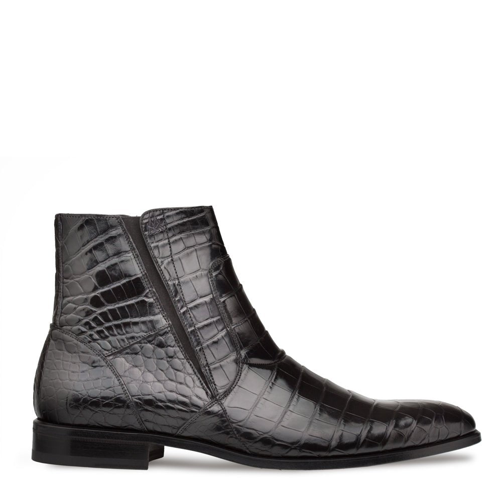 A pair of classic black Mezlan Belucci crocodile skin boots.