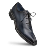 An Enterprise men's blue derby shoe on a white background, crafted in calfskin by Mezlan.