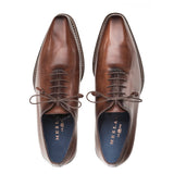 A pair of Mezlan Enterprise brown plain toe balmoral shoes crafted in calfskin, showcased on a white background.