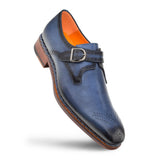 A versatile men's blue leather Mezlan Artisan Welt Monk Strap with an orange buckle and monk strap closure.