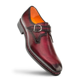 A versatile pair of Mezlan Artisan Welt Monk Strap men's leather shoes with buckle closure in burgundy.