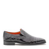 A black Mezlan crocodile plain toe slip-on with orange sole.