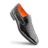 A men's black Mezlan crocodile plain toe slip-on dress shoe with textured skin.