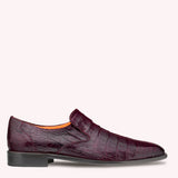 A Mezlan men's purple crocodile plain toe slip-on with an exotic texture.